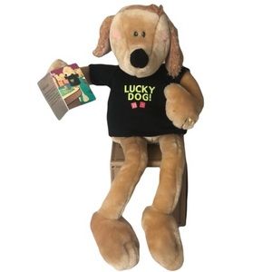 Lucky Dog Stuffed Animal Dressed In a Black “Lucky Dog” T-Shirt with Red Dice